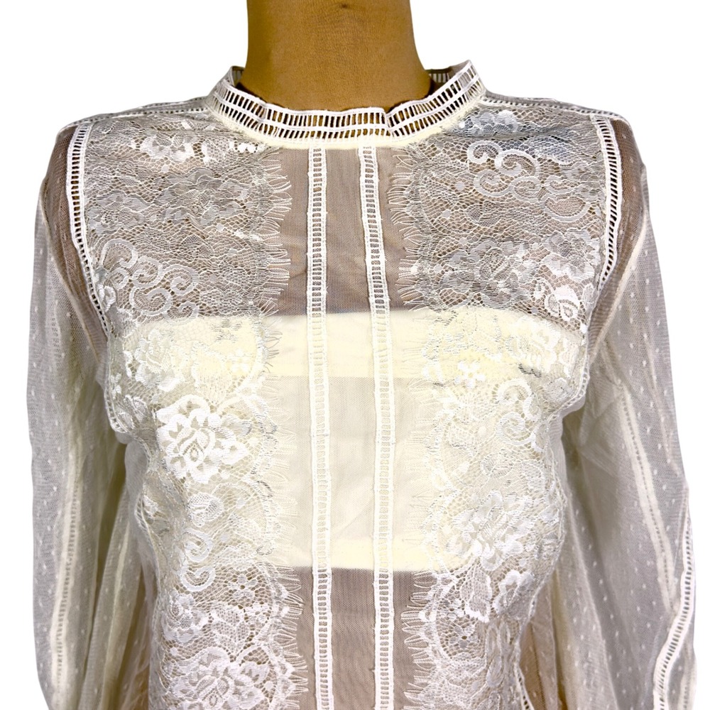 NWT Express Lace Inset‎ Blouse Sheer Long Sleeve Top Ivory XL Cottagecore Boho - Picture 2 of 8
